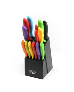 Oster 14 Piece Stainless Steel Assorted Color Cutlery Knife Set with Wood Storage Block