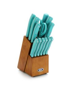 Oster Evansville 14 Piece Stainless Steel Blade Cutlery Set with Turquoise Plastic Handles