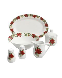 Perfect for Holidays Poinsettia 7 Piece Porcelain Serving Set in Red