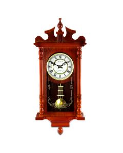 Bedford Collection 25 Inch Wall Clock with Pendulum and Chime in Dark Redwood Oak Finish