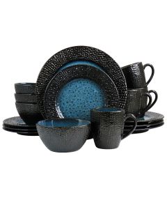 Elama Estevan 16 Piece Round Textured Stoneware Dinnerware Set in Charcoal and Blue