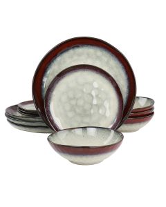 Elama Samara 12 Piece Stoneware Dinnerware Set in Red and Off White