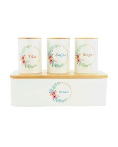 MegaChef 4 Piece Bamboo Lid Iron Canister Set With Bread Box in White