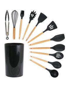 MegaChef Black Silicone and Wood Cooking Utensils, Set of 12